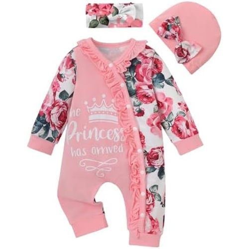 Newborn Infant Baby Girl Clothes Outfits Ruffled Longsleeve Romper with Headband Hat Infant Baby Clothes Girls