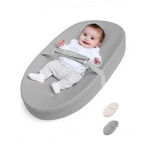 COMOMY Baby Changing Pad with Wipeable & Waterproof PU Cover, Contoured Diaper Changing Pad for Dresser with Non-Slip Safety Belt, Portable and Lightweight, Large Cushioned Foam, Light Grey