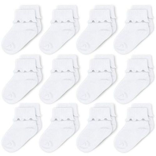 Cozyway Baby Girls Socks, Ruffle Ripple Edge Turn Cuff Ankle Socks Infants 0-9 Months - 12 Pack, White