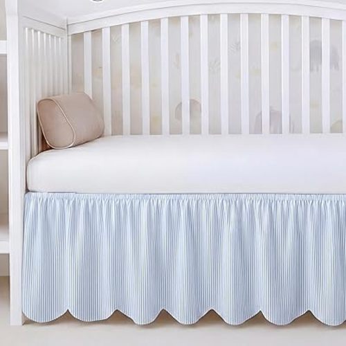 Blue Scallop Edge Cotton Crib Skirt Ticking Strip Farmhouse Chic Nursery Bed Skirt Gender Neutral for Baby Boys Girls Fits Standard Cribs Toddler Beds, 52" x 28" x 16" Drop