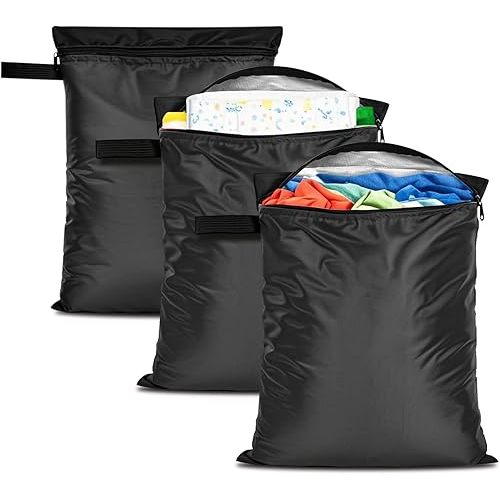 3Pcs Clothes Baby Diaper Wet Dry Bags Waterproof Reusable,12"x16",Premium Polyester Fabric with Waterproof Tape,Wet Swimsuit & Towel Sacks for Travel Gym Beach Pool,with Handle and Zipper,Black