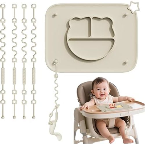 1 Pack Silicone Mat for Babies, Baby Placemat Built-in Suction Base and Equipped 4 Toy Straps & Anti-Peel Design, Activity Mat for Infants to Toddlers, Keeps Babies Essentials Off The Floor,Beige