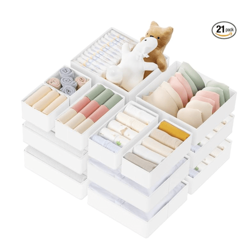 Criusia Drawer Organizer Clothes, 21 Pack Dresser Organizer for Baby Clothes, Underwear, Sock- Foldable Closet Organization and Storage Dividers Bins for Nursery, Bedroom (White)