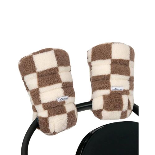 7AM Enfant Stroller Warmmuffs Gloves - Anti-Freeze Stroller Mittens for Handlebars, Water Repellent Hand Warmer Muff for Cold Weather, Plush Lined (Print Checkers Tan)