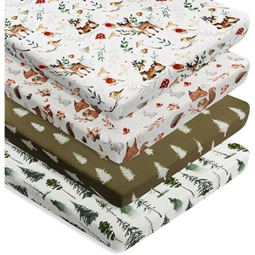 4 Pack N Play Sheets Woodland Forest Animals Wood Neutral Unisex Fitted Baby N Play Sheets Fitted for Standard Pack and Plays and Mini Cribs Set for Baby Boys or Girls (Beer)