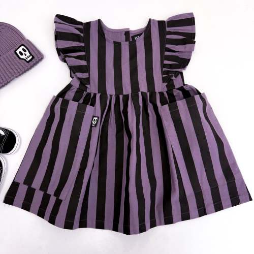 SMOKEY LILAC & BLACK STRIPE FRILL SLEEVE DRESS