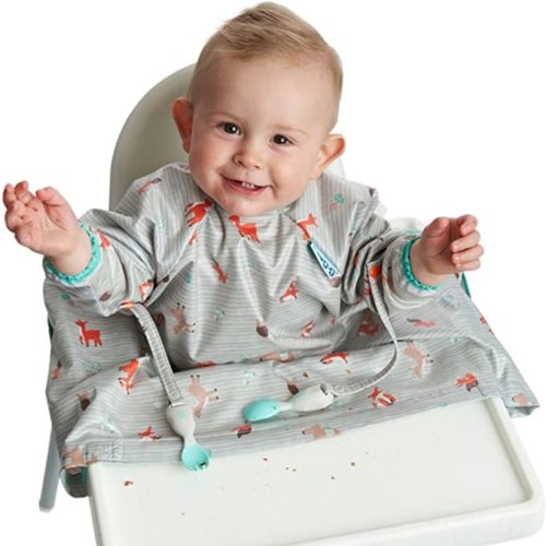 BIBaDO - Coverall Baby Feeding Bibs, Long Sleeve Bib, Easy to Clean Baby Bibs for Eating, Adjustable High Chair Catch All - Woodland Friends