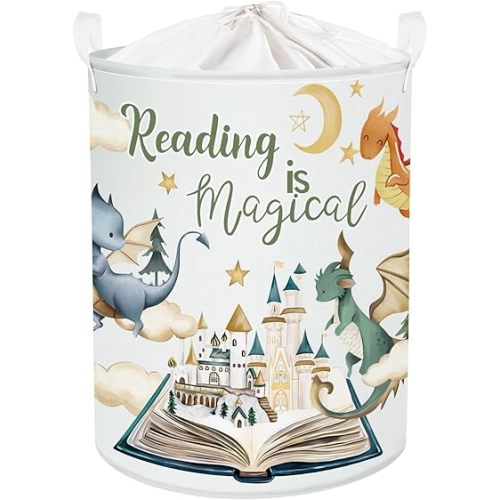 Dinosaur Laundry Hamper Large Storage Basket Cartoon Dino Collapsible Parents Organizer Kids Toy Clothes Bins for Bedroom, Bathroom, Magic Books, 63L