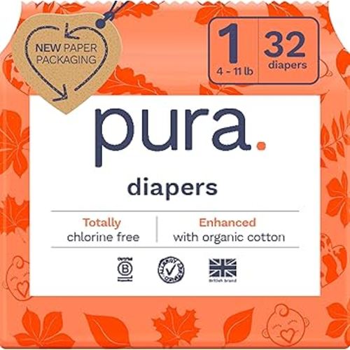Pura Size 1 Eco-Friendly Diapers (4-11lbs) Hypoallergenic, Soft Organic Cotton Comfort, Sustainable, Wetness Indicator, Allergy UK Certified. Newborn 1 Pack of 32 Baby Diapers