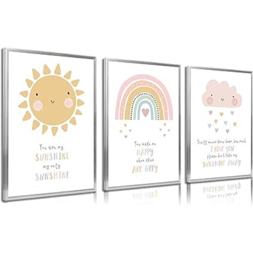 3pcs Pink Nursery Canvas Wall Art Cute Sun Rainbowdark Clouds Posters Prints Kids Bedroom Baby Girls Toddler Pastel Wall Decor Pictures for Classroom School Nursery Decoration Unframed