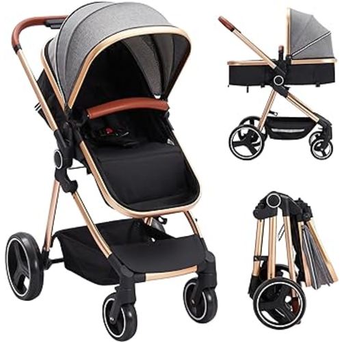 2 in 1 High Landscape Convertible Baby Stroller, Foldable Pushchair, Newborn Reversible Bassinet Pram with Adjustable Canopy, Aluminum Structure, 5-Point Harness for Infant & Toddler (Gray)…