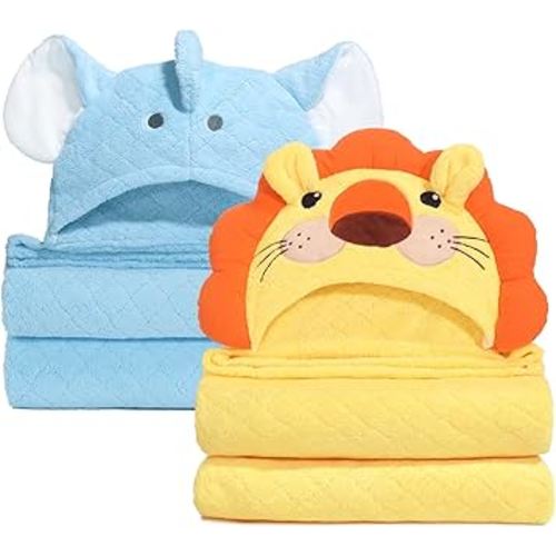 Toddler Bath Towel with Animal Hood for 0-5 Years,2 Pack Coral Fleece Bath Towels with Large Size 50 in*32 in,Ultra Absorbent Thick Soft for for Baby Kids Chirdern, Blue Elephant & Yellow Lion