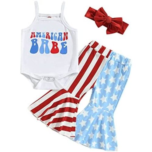 My First 4th Of July Baby Girl Outfit Newborn Patriotic Sleeveless Romper Tank Top Flared Pant Set With Headband
