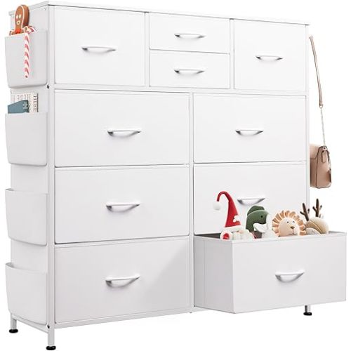 WLIVE White Dresser for Bedroom with 10 Drawers, Chest of Drawers with Side Pockets and Hooks, PU Storage Dresser, Sturdy Metal Frame, Drawers Organizer Unit for Living Room, Hallway, Closet