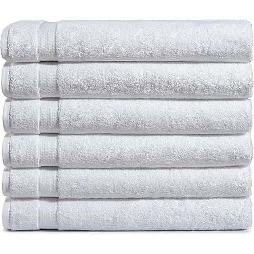 Amazon Basics 6 Pack Bath Towel Set, 54 x 27 inches, 600 GSM 100% Ring Spun Cotton, Lightweight and Highly Absorbent Quick Drying Premium Towels for Hotel, Spa and Bathroom, White