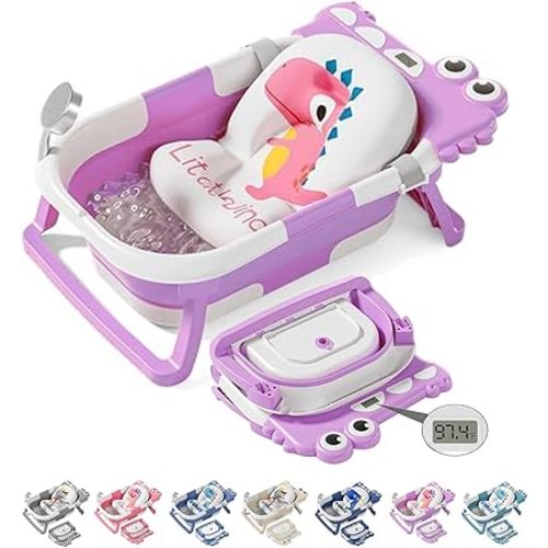 TPN Collapsible Baby Bathtub, Baby Bath Tub with Soft Cushion & Real-Time Thermometer, Baby Bathtub Infant to Toddler Tub (0-36 Months), Portable Newborn Travel Bath tub
