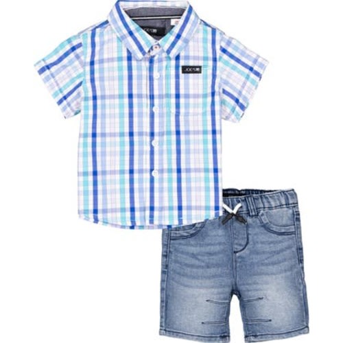 Check Short Sleeve Button-Up Shirt & Denim Shorts Set, 18M