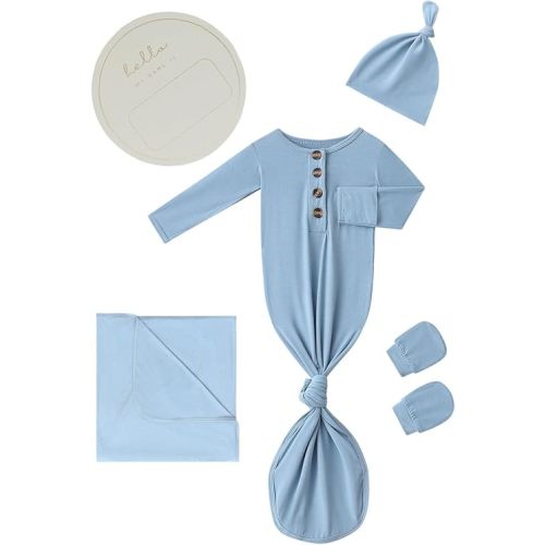 Newborn Baby Swaddle Blanket Set with Baby Knotted Gown, Mittens, Hat - Bamboo Viscose Receiving Blanket Bundle (Dusty Blue)
