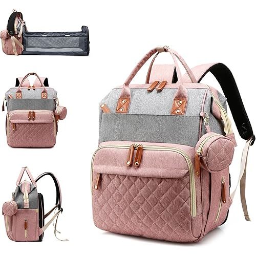 Diaper Bag with Changing Station, Waterproof 3 in 1 Baby Diaper Backpack with Foldable Changing Pad, Large Travel Back Pack for Girl Boy, Pink-Grey