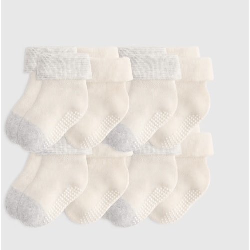 Organic Cotton Gripper Fold Over Socks 8-Pack - Baby in White/Grey