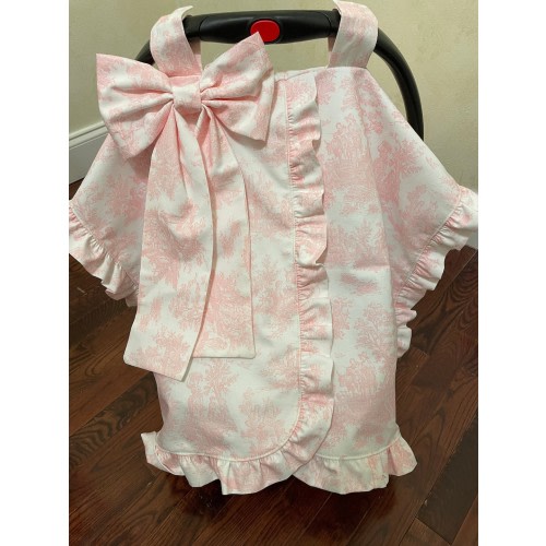 Pink Toile Car Seat Canopy with Large Bow and Ruffle, Monogrammed Car Seat Tent, Personalized Baby Shower Gift