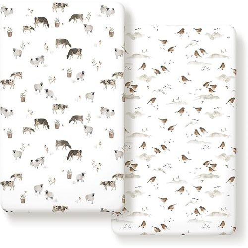 Stretch Ultra Soft Jersey Knit Fitted Crib Sheets Set 2 Pack,Fit All Standard Crib Mattress Pads Safe and Snug, Crib Fitted Sheet for Baby, Cute Watercolor Cows and Birds Print