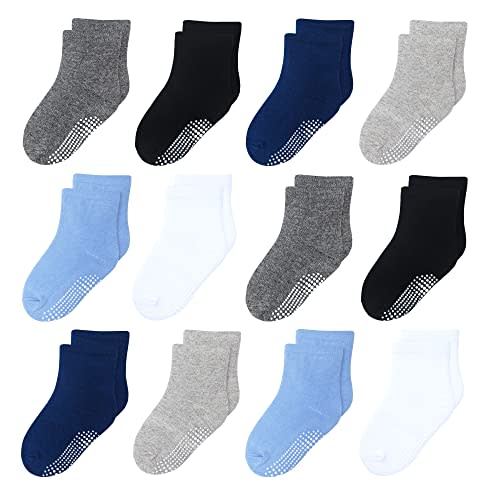HYzgb 12 Pack Non Slip Kids Toddler Baby Socks with Grips for 1-7 Years Boys Girls Cotton Crew Socks Multi Colors