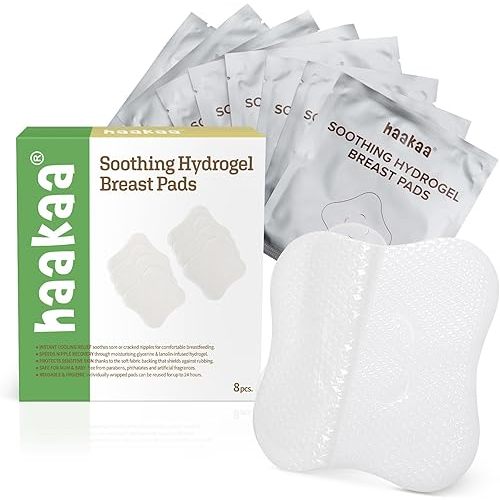 haakaa Hydrogel Pads with Lanolin, Instant Pain Relief for Cracked or Sore Nipples from Breastfeeding and Pumping, Cooling Moisture Supports Natural Healing, 8 PCS