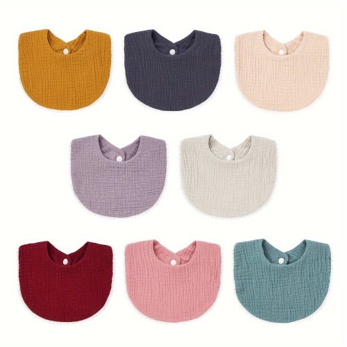 8 Pack Soft Adjustable Baby Muslin Bibs with Snap Closure & Cute Pom Pom - Mixed Colors Drooling Bibs for Newborns, Infants, Toddlers - Breathable Feeding Bibs for Boys & Girls, Minimalistic Design, Durable Snap Closure