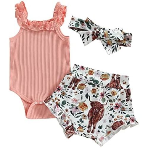 3pcs Toddler Girls Summer Outfits Ribbed Halter Crop Top Romper Bodysuit +Floral Bloomer Shorts+Headband Clothes Set