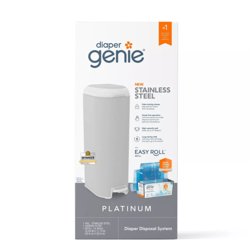 Diaper Genie Platinum Pail,Grey,Stainless Steel, 1 Diaper Pail,1 EasyRoll Refill 18 Bags