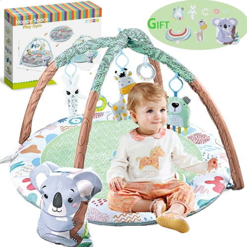 Baby Gym Play Mat with Pillow, Hanging Toys and Balls, Infant Baby Activity Gym Tummy Time Mat