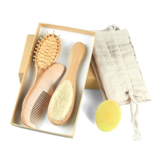 Baby Hair Brush and Comb Set (4-Piece) for Newborn - Wooden Baby Hairbrush Set,A Beechwood Brush, Baby Airbag Brush, Beech Handle Brush, and Prevent Cradle Cap Silicone Brush - Ideal Registry Gift