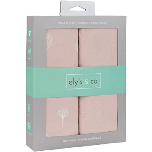 Ely’s & Co. Pack N Play│Playard│Portable Crib Sheet 2-Pack - Combed, 100% Jersey Cotton for Baby Girl — Rosewater Pink, Pin Dots & Gingko Leaves