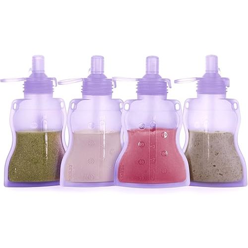 haakaa Baby Food Pouch Refillable Baby Squeeze Silicone Yummy Pouch, Soft Reusable Squeeze Storage Food Pouch for Kids Toddler,Home Made Food Puree,Smoothie Pouch Bag, 4oz, 4 Pack,6m+(Lavender)
