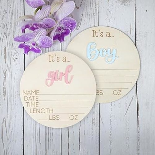 Baby Announcement Sign 6.5 Inch Wooden Hello World Newborn Welcome Sign Birth Baby Name Plaques for Photo Props Baby Shower Hospital Nursery (Boy or Girl)