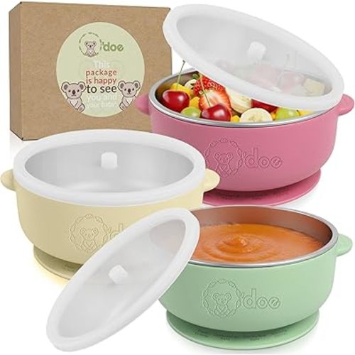 o'doe Baby Bowls with Lids – Stainless Steel Baby Feeding Bowls with Suction | Non-Slip Toddler Bowls for Self Feeding | BPA-Free Kids Bowls for Babys Food & Snacks | Stainless Steel Bowls Kids
