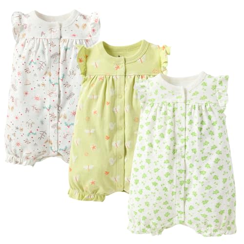 Minicoco 3-pack 100% Cotton Baby Girl Rompers, 0-24 months Ruffle Sleeve Toddler Romper Summer Clothes Set