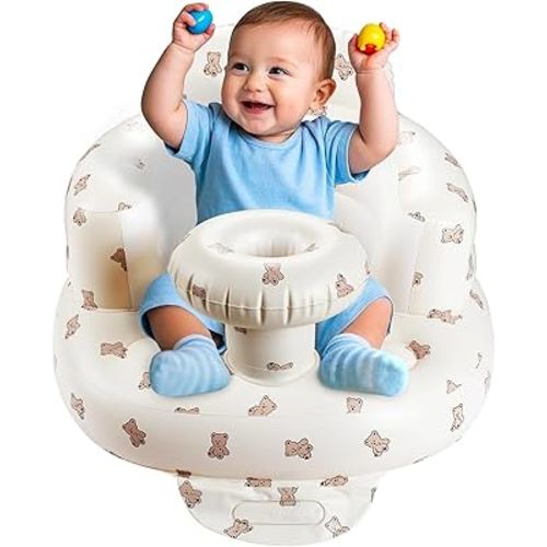 Portable Inflatable Baby Seat, Waterproof Inflatable Baby Chair with Tray for Practice Sitting Up, Built-in Valve Toddler Support Blow Up Baby Chair, Baby Inflatable Seat for 3-36 Months (Bear)
