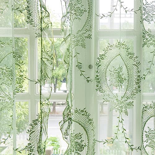 Deeprove Green Lace Curtains 84 Inches Long 2 Panels Set, Boho Sheer Florals Scallop Ruffle, Shabby Chic Vintage Window Treatment Pair Bohemian Christmas Decor Drapes for Bedroom, W57 x L84 Olive