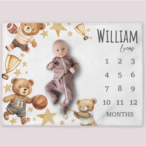 Bear Sports Milestone Blanket, Personalized Football Baby Boy Month Blanket, Nursery Custom Newborn Growth Tracker, New Mom Baby Shower Gift