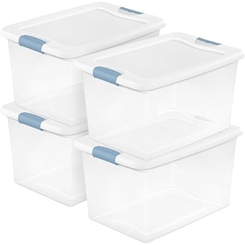 Sterilite 4 Pack Latching Box, 64 Qt Plastic Storage Container, Stackable Large Home or Office Tote Organizers with Secure Lids, White