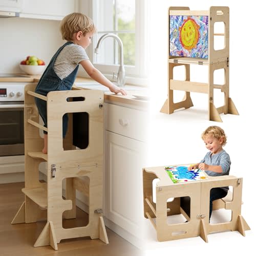 labebe Toddler Standing Tower for 12M+, Montessori Foldable Learning Standing Tower with Blackboard, Anti-tip Structure Design,Wooden Kitchen Step Helper Stool for 1-3 Year Old Boy Girl Gift