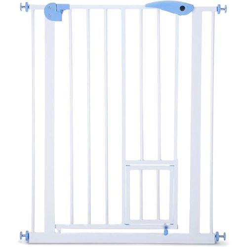 100cm Tall Pet Safety Gate Dog Safe Fence Puppy Baby Security Stair Barrier, w/Cat Door, Adjustable Length 80-90cm,White