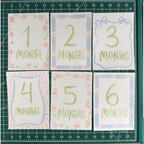 IN STOCK- Monthly milestone cards, pink/green/blue, hand painted set