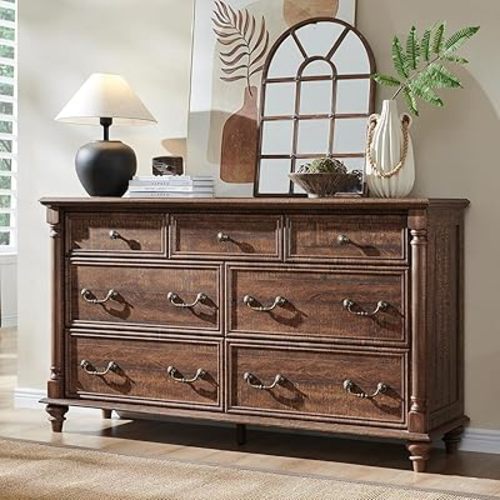 T4TREAM Farmhouse 7 Drawers Dresser Chests for Bedroom with 4 Solid Wood Feet & Column, Tall Wide Wood Country Rustic Chest of Drawers, Storage Dressers for Bedroom, Living Room, Reclaimed Barnwood