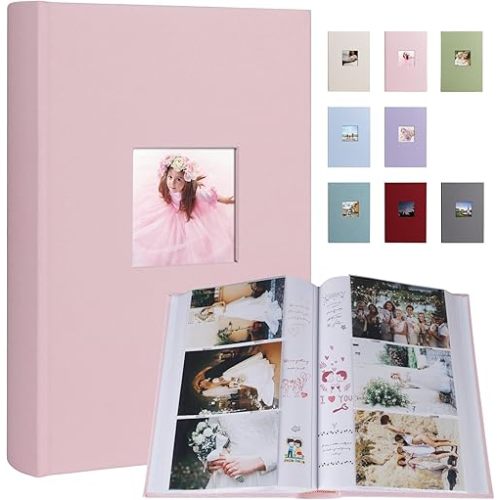 Photo Album 4x6 420 Photos With Writing Space, Linen Cover With Memo Slip-in Pockets, Pictures Album Book for Wedding Kids Travel Family Baby (Pink)