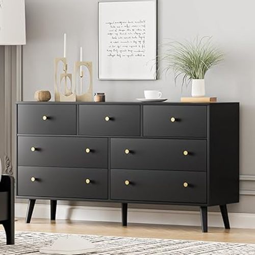7 Drawers Dresser for Bedroom, 55'' Dressers & Chests of Drawers with Gold Handles and 7 Large Drawer, Modern Double Wooden Storage Organizer Cabinet, Hallway, Black