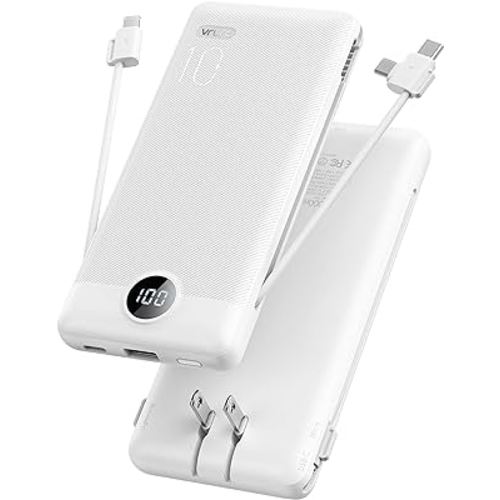 VRURC Portable Charger Built-in Cables and AC Wall Plug, USB C Power Bank 10000mAh, [2023 Upgraded Version] Phone Charger Compact Lightweight External Battery Pack for Smart Phones, Tablets etc-White