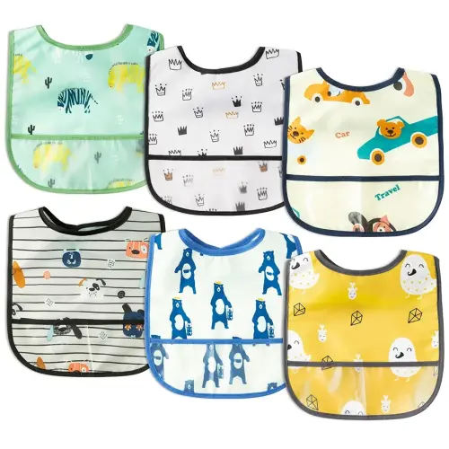 6Pcs Waterproof Toddler Bibs Baby Feeding Bib Set with Crumb Catcher Pocket, Infant Adjustable Baby Teething Bib, Babies Sleeveless Vehicles Food Bibs Keepsake Gift for Baby Shower, 6-24 Months
